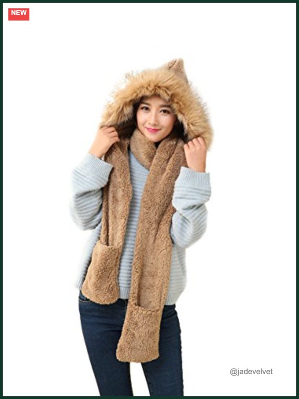 Coral Velvet Hooded Earflap Hat Scarf Shawl Combo with Pocket